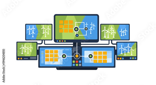 Multiple computer monitors displaying wind turbines and grid management interfaces, illustrating renewable energy control systems.