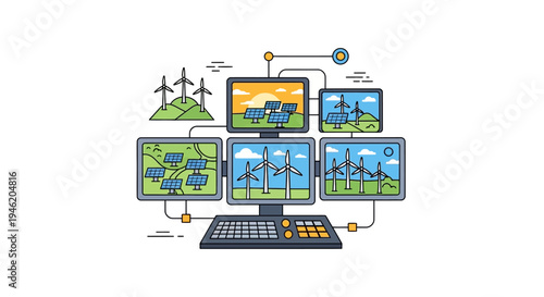 Centralized control system monitoring renewable energy sources like solar panels and wind turbines on a computer interface.