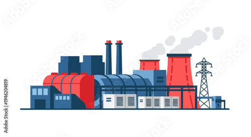 Illustration of a modern industrial power plant facility with multiple structures and smoking chimneys.