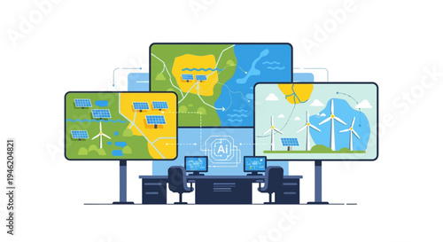 Control room displaying renewable energy sources like solar panels and wind turbines on multiple screens, with AI integration.