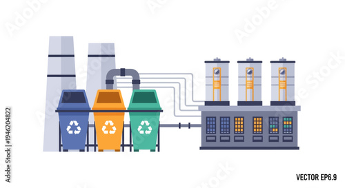 Illustration of a modern recycling plant with colorful bins and industrial machinery, symbolizing environmental sustainability and waste management processes.