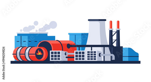 Illustration of an industrial complex featuring large storage tanks, smokestacks, and processing units, symbolizing heavy industry and manufacturing.