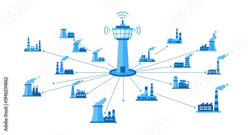 Centralized control tower managing multiple industrial factories through wireless network connections, illustrating smart industry and remote monitoring.