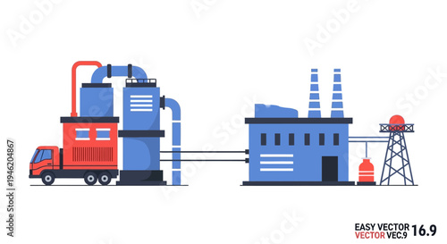Illustration of a truck connected to industrial processing equipment and a factory building, symbolizing production and manufacturing.