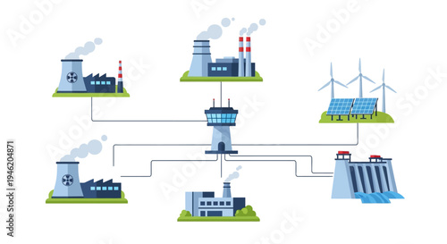 Illustration of a smart grid system connecting various power generation sources to a central control tower for efficient energy distribution and management.