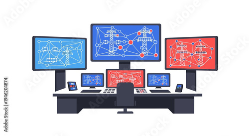 Modern control room with multiple monitors displaying electrical grid schematics and data, illustrating network management and system monitoring.