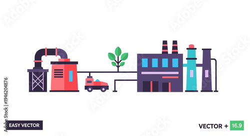 Illustration of an automated factory with a robotic vehicle and a tree, symbolizing industrial processes and environmental integration.