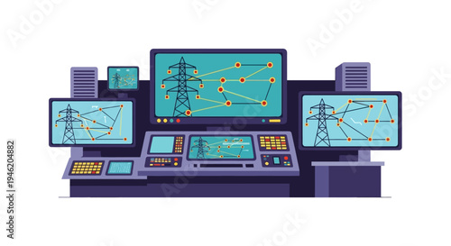 Illustration of a modern control room with multiple monitors displaying power grid schematics and electrical towers.