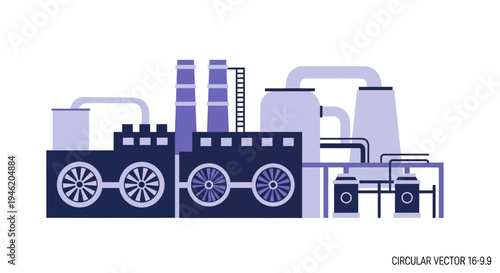 Illustration of a modern industrial factory complex with multiple buildings, smokestacks, pipes, and large circular machinery elements.