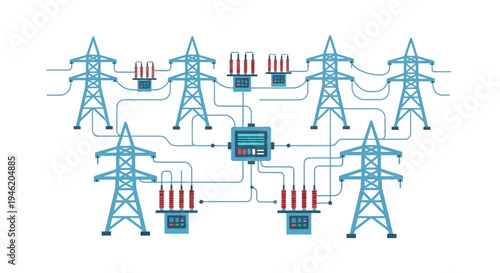 Illustration of a complex electrical power grid system with substations and transmission towers connected by wires.