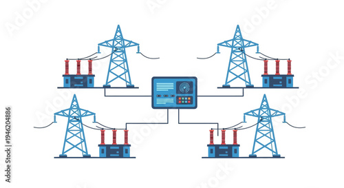 Illustration of a smart grid system with power plants, transmission towers, and a central control unit, symbolizing energy distribution and management.