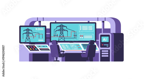 Modern control room with multiple monitors displaying power grid schematics and AI interface, illustrating energy management and technological oversight.