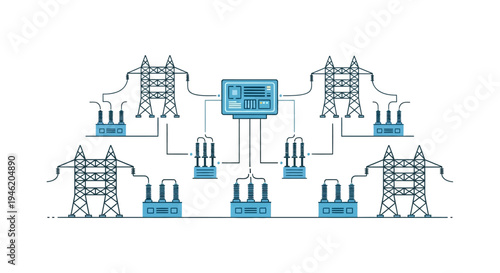 Illustration of a smart grid system with power generation, transmission towers, substations, and a central control unit.