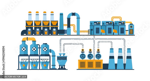 Illustration of a modern industrial factory complex with multiple processing units, pipelines, and storage tanks, representing manufacturing and production.