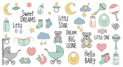 Flat lay of various baby themed illustrations and phrases on a white background with pastel colors.