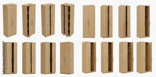 Set of cardboard boxes in various positions, isolated on a transparent background, ready for product display or packaging design.
