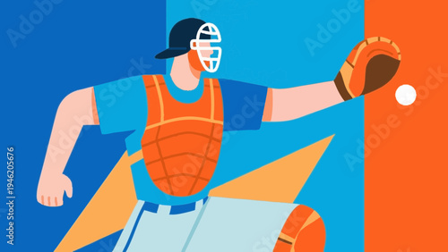 baseball player catcher. sports concept. Simple illustration reminiscent of Scandinavia. Vector illustration. (No text) colorful