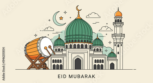 Happy Eid Mubarak Al Fitr FLat Minimalist Design Illustration
