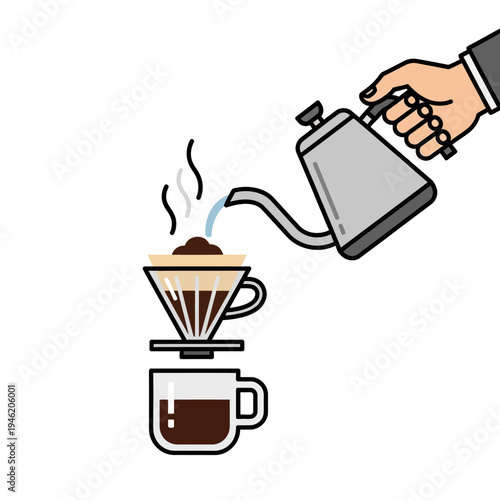 Hand pouring hot water from kettle into coffee dripper for brewing fresh coffee