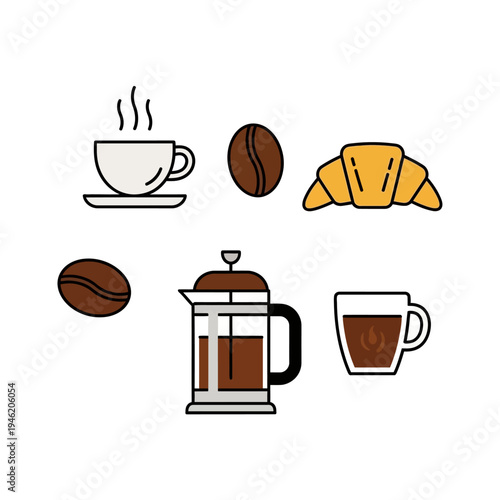Coffee Break: French Press, Croissant, and Hot Coffee Cup Icons