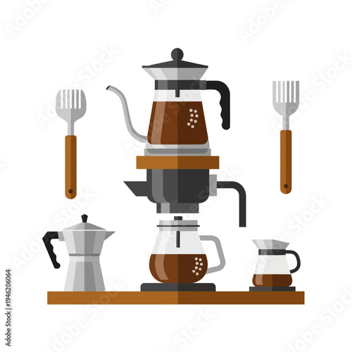 Coffee brewing equipment: Pour over, Moka pot, French press, and coffee maker on a shelf.