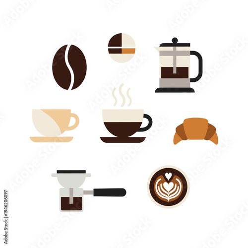 Coffee Icons: Cup, French Press, Croissant, Bean, Portafilter, Latte Art