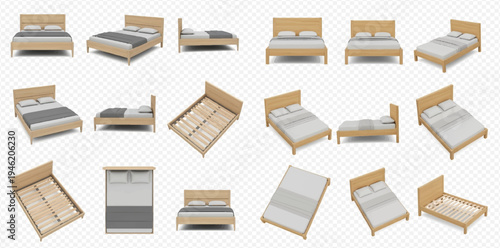 Collection of various wooden beds with mattresses and bedding, presented from multiple angles and perspectives on a transparent background.