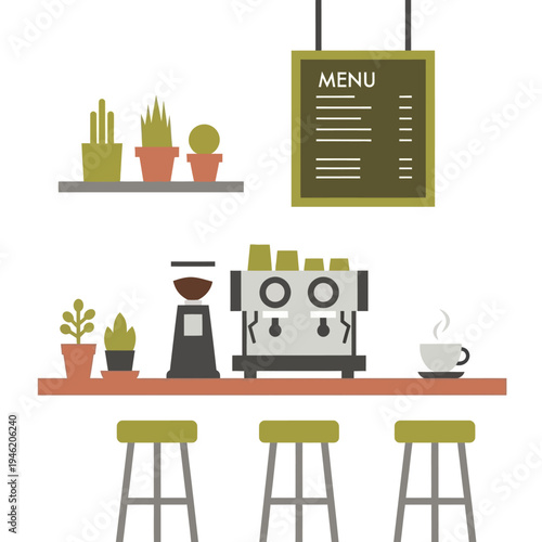 Coffee shop counter with espresso machine, grinder, plants, and menu board, modern cafe interior