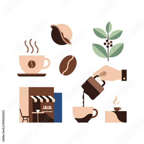 Coffee Shop Icons: Beans, Cup, Plant, Pouring, and Building