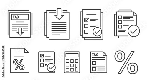 Tax documents and financial icons set.