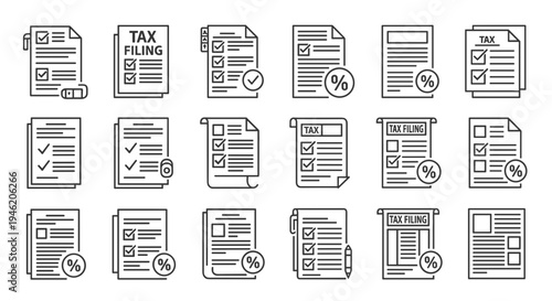 Tax filing and financial document icons.