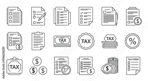 Tax and finance line icons set.