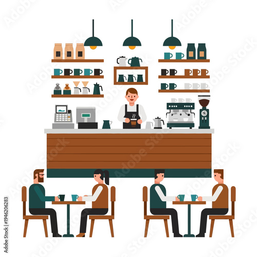 Coffee Shop Interior with Barista Serving Customers at Tables