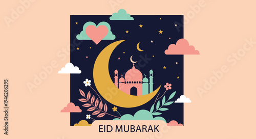 Happy Eid Mubarak Al Fitr FLat Minimalist Design Illustration