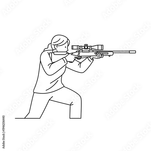 Woman aiming sniper rifle with scope, focused on target, competitive shooting sport, outdoor range