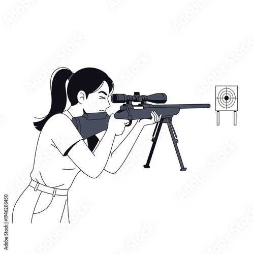 Woman aiming sniper rifle with scope at target, focus and precision in shooting sport