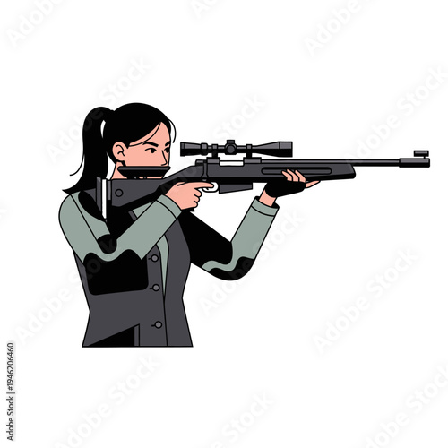 Woman aiming sniper rifle with scope, focused on target, competitive shooting sport