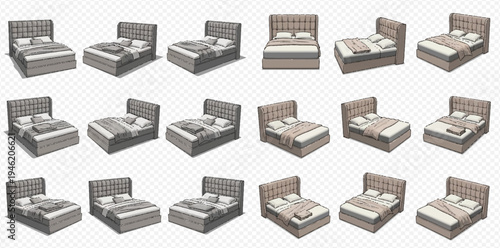 Set of modern upholstered beds with headboards and bedding in various angles.