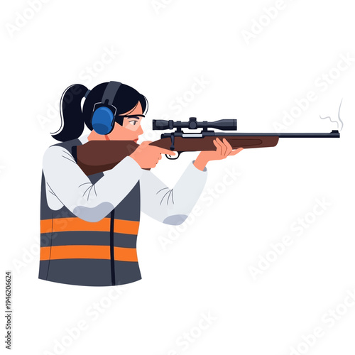 Woman shooter aiming rifle with scope, wearing protective headphones and vest, target practice