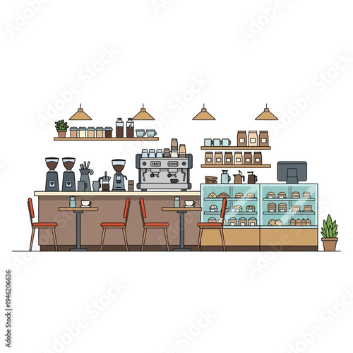 Cozy Coffee Shop Interior with Barista Station, Pastry Display, and Seating