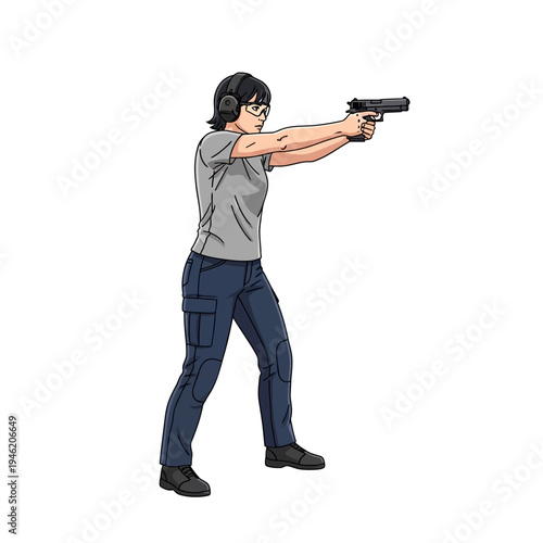 Woman shooting a pistol at a target range, wearing headphones and glasses