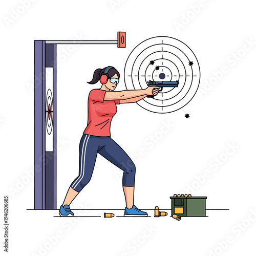 Woman shooting pistol at target range, practicing marksmanship with firearm