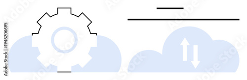 Cloud storage, data synchronization, IT services, system management, cloud tools, network technology. Gear symbol over cloud, arrows inside another cloud. Data storage and data synchronization
