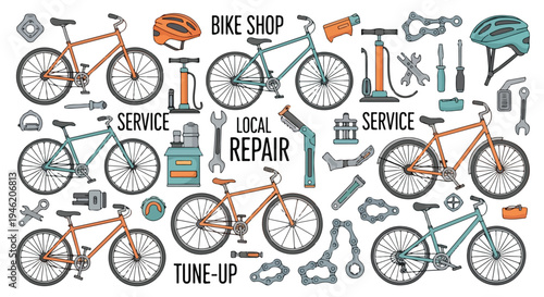 Flat lay illustration of bicycles, bicycle helmets, and repair tools with bike shop service labels on a white background.
