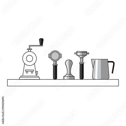 Espresso Coffee Making Tools: Grinder, Tamper, Portafilter, and Milk Pitcher on Shelf