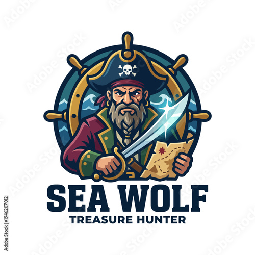 This image features a pirate with a sword and treasure map, exuding confidence and adventure, perfect for invoking the spirit of exploration and treasure hunting.