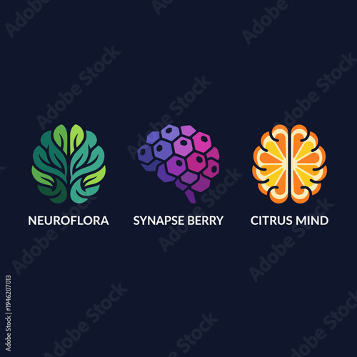The image showcases three artistic brain designs representing nature, synapses, and citrus, symbolizing mental health and cognitive enhancement through natural means.