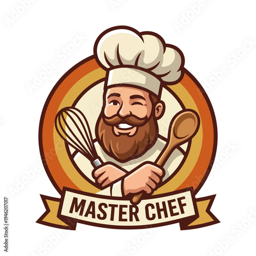 This playful chef logo showcases a friendly character with a mustache, a whisk, and a spoon, perfect for culinary businesses or cooking brands aiming for a warm connection with customers.