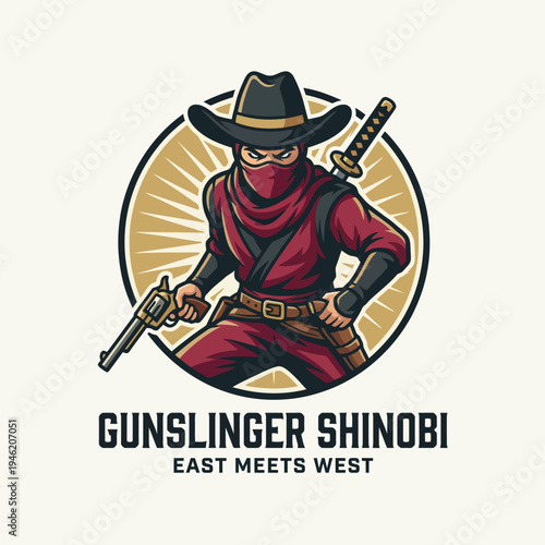This powerful illustration combines elements of a gunslinger and a shinobi, creating a unique character showcasing dual cultures, perfect for creative storytelling and games.