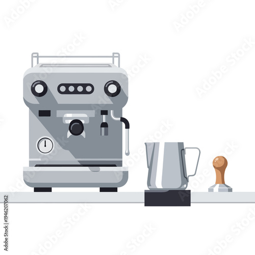 Espresso Machine, Milk Pitcher, and Tamper on Countertop - Coffee Preparation